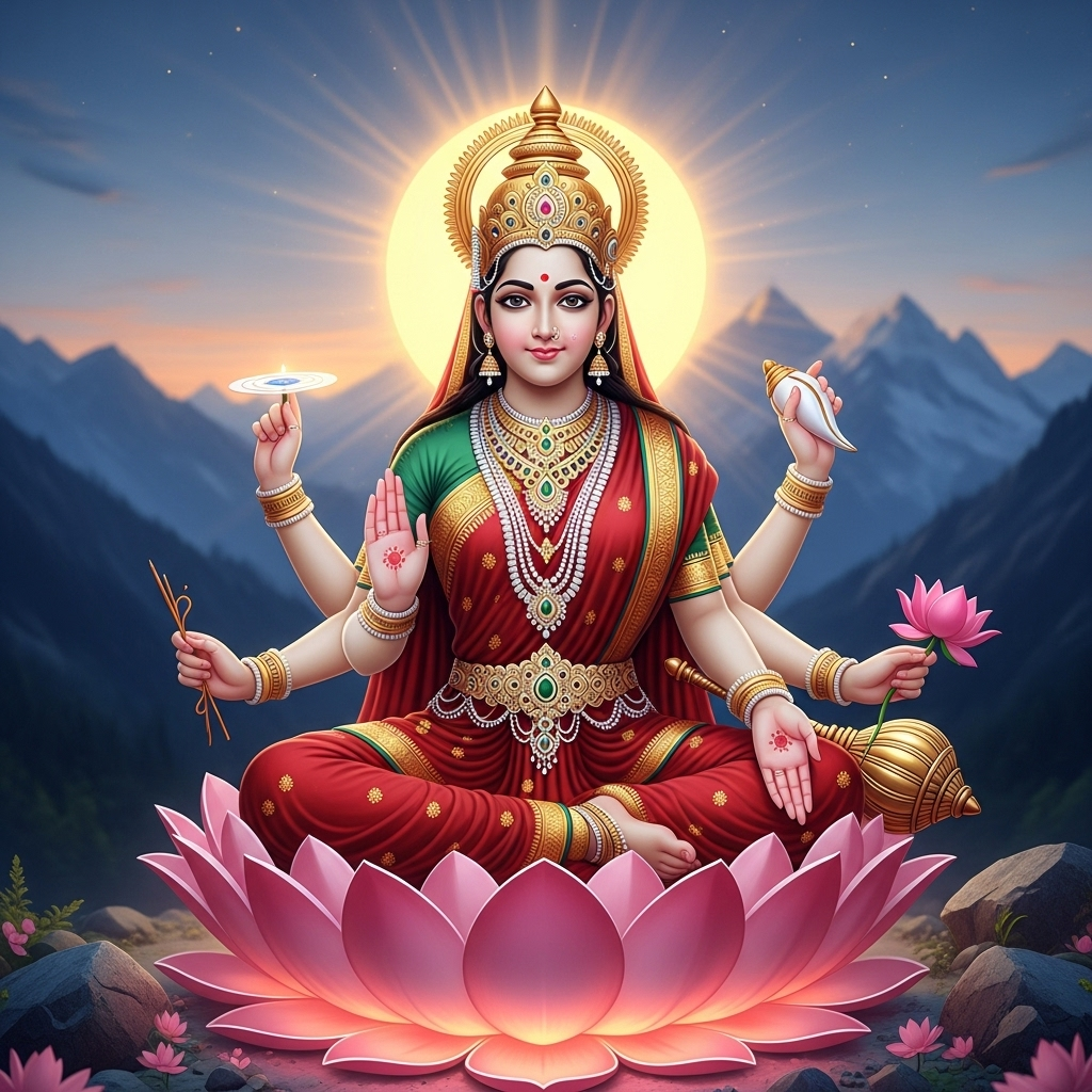 Siddhidatri Mata on Lotus Amidst Mountains - Divine Serenity